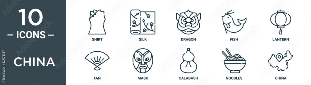 china outline icon set includes thin line shirt, silk, dragon, fish, lantern, fan, mask icons for report, presentation, diagram, web design china outline icon set includes thin line shirt, silk, dragon, fish, lantern, fan, mask icons for report, presentation, diagram, web design