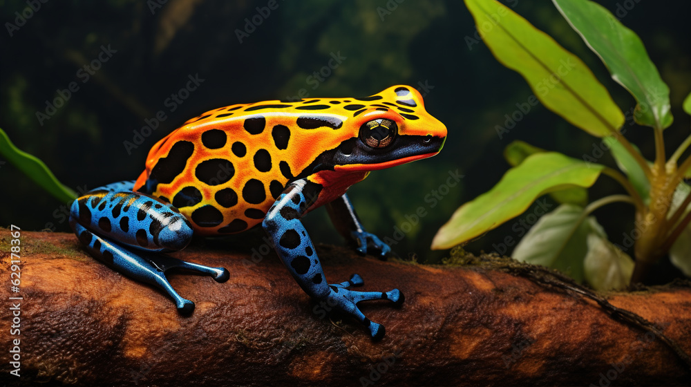 Fototapeta premium Colorful Poison Dart Frog: Description: The picture showcases a close-up view of a vibrant poison dart frog perched on a leaf. The frog's striking colors serve as a warning to potential predators.
