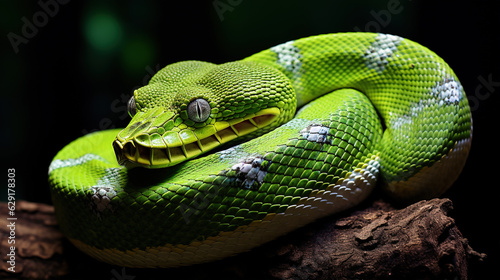 Emerald Tree Boa Coiled on a Branch: Description: The image captures the mesmerizing pattern and intense green color of an emerald tree boa coiled on a tree branch. 