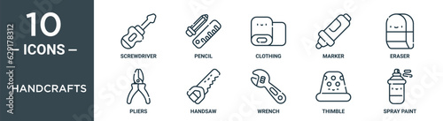 handcrafts outline icon set includes thin line screwdriver, pencil, clothing, marker, eraser, pliers, handsaw icons for report, presentation, diagram, web design