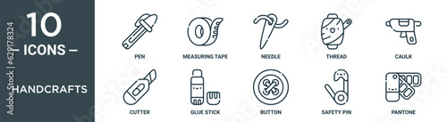 handcrafts outline icon set includes thin line pen, measuring tape, needle, thread, caulk, cutter, glue stick icons for report, presentation, diagram, web design
