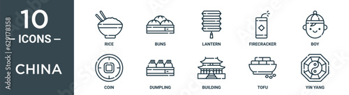 china outline icon set includes thin line rice, buns, lantern, firecracker, boy, coin, dumpling icons for report, presentation, diagram, web design
