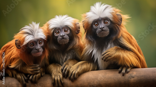 Cute Tamarin Monkey Family: Description: A heartwarming scene captures a family of tamarin monkeys grooming and interacting with each other.