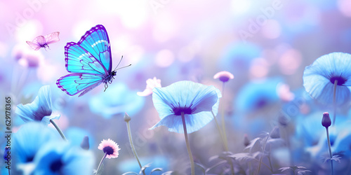 Beautiful white blue butterflies on the flowers of lavender. Summer spring natural image in blue and purple tones. Free space for text. Fantastic summer natural concept, butterfly on beautiful flowers © Mustafa