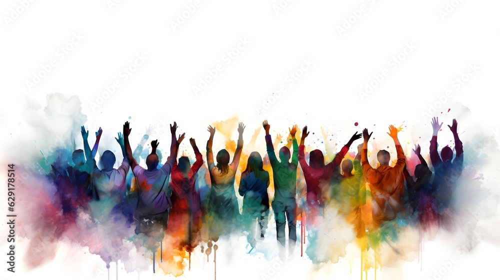 Happy crowd people rising up, in the style of watercolor illustration created with Generative AI technology Happy crowd people rising up, in the style of watercolor illustration created with Generative AI technology