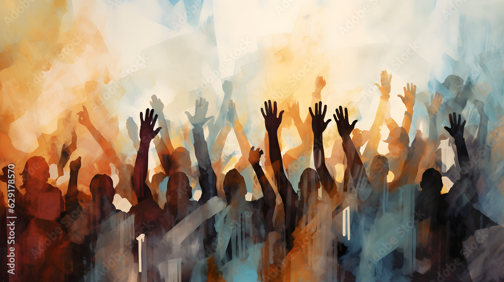 Happy crowd people rising up, in the style of watercolor illustration created with Generative AI technology Happy crowd people rising up, in the style of watercolor illustration created with Generative AI technology