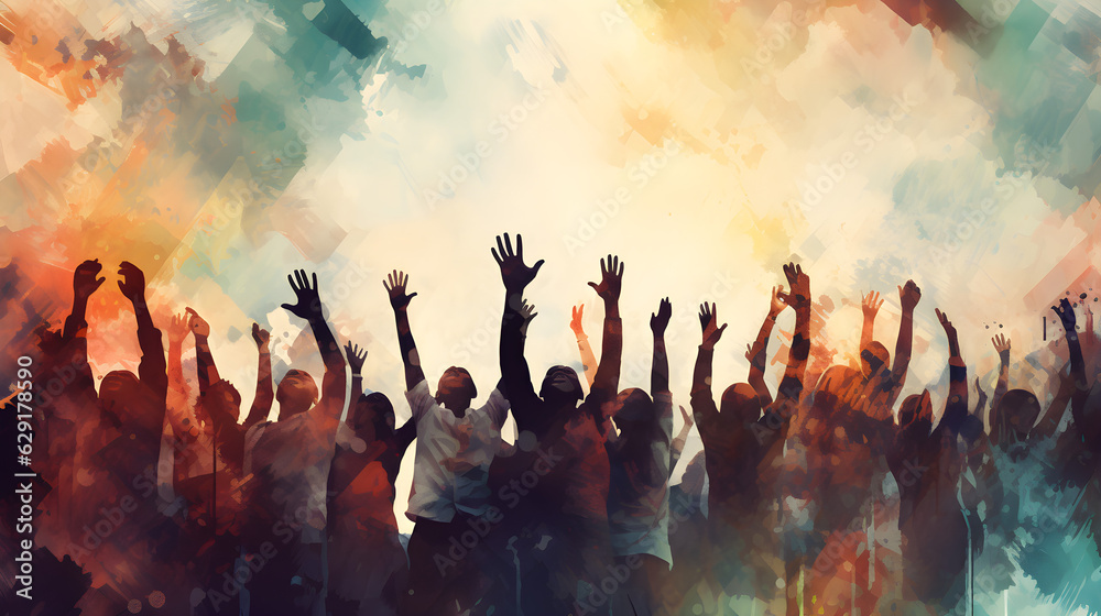 Happy crowd people rising up, in the style of watercolor illustration ...