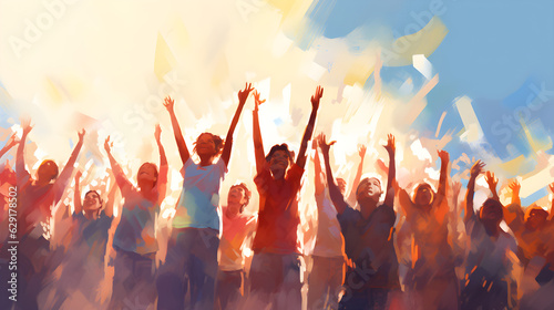 Happy crowd people rising up, in the style of watercolor illustration created with Generative AI technology 
