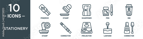stationery outline icon set includes thin line pendrive, stamp, sharpener, pen, ink, stamp, corrector icons for report, presentation, diagram, web design