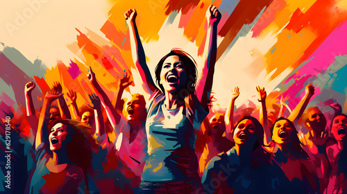 Happy crowd people rising up, in the style of watercolor illustration created with Generative AI technology 