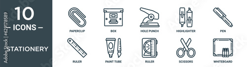 stationery outline icon set includes thin line paperclip, box, hole punch, highlighter, pen, ruler, paint tube icons for report, presentation, diagram, web design