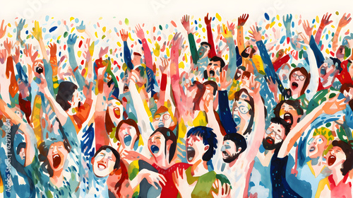 Happy crowd people rising up, in the style of watercolor illustration created with Generative AI technology 