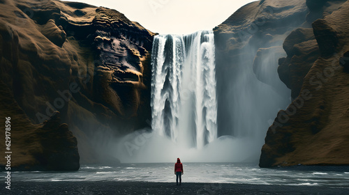 Woman overlooking waterfall at skogafoss  Iceland. Sk  gafoss    sland.