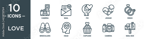 love outline icon set includes thin line camera, mail, fix, jigsaw, rings, binoculars, head icons for report, presentation, diagram, web design