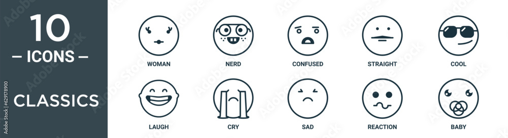 classics outline icon set includes thin line woman, nerd, confused, straight, cool, laugh, cry icons for report, presentation, diagram, web design classics outline icon set includes thin line woman, nerd, confused, straight, cool, laugh, cry icons for report, presentation, diagram, web design