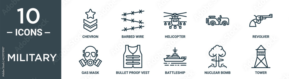 Obraz premium military outline icon set includes thin line chevron, barbed wire, helicopter, , revolver, gas mask, bullet proof vest icons for report, presentation, diagram, web design
