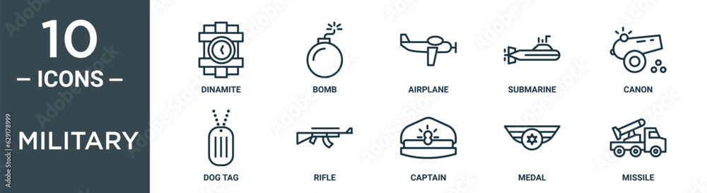 military outline icon set includes thin line dinamite, bomb, airplane, submarine, canon, dog tag, rifle icons for report, presentation, diagram, web design military outline icon set includes thin line dinamite, bomb, airplane, submarine, canon, dog tag, rifle icons for report, presentation, diagram, web design