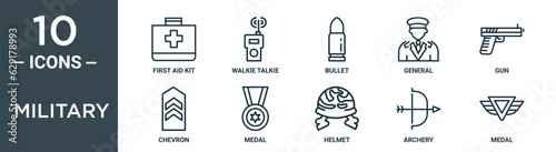 military outline icon set includes thin line first aid kit, walkie talkie, bullet, general, gun, chevron, medal icons for report, presentation, diagram, web design