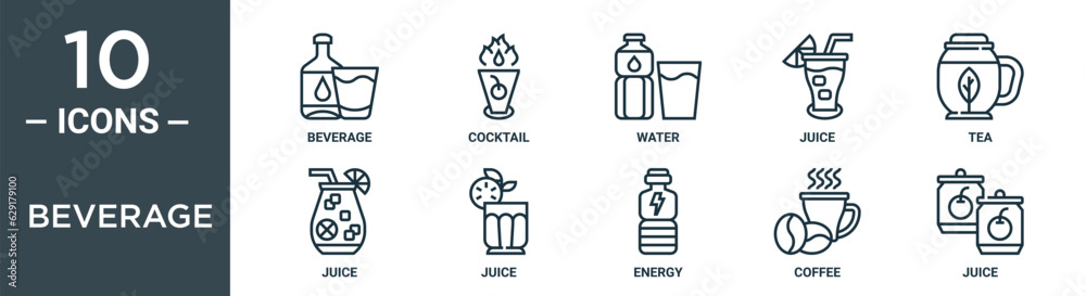 Obraz premium beverage outline icon set includes thin line beverage, cocktail, water, juice, tea, juice, juice icons for report, presentation, diagram, web design