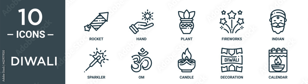 diwali outline icon set includes thin line rocket, hand, plant, fireworks, indian, sparkler, om icons for report, presentation, diagram, web design