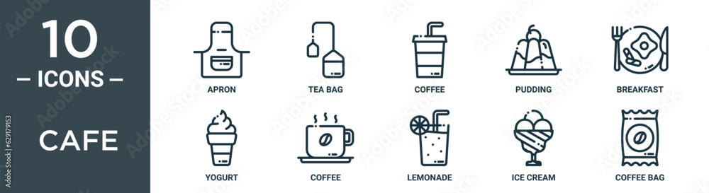 cafe outline icon set includes thin line apron, tea bag, coffee, pudding, breakfast, yogurt, coffee icons for report, presentation, diagram, web design cafe outline icon set includes thin line apron, tea bag, coffee, pudding, breakfast, yogurt, coffee icons for report, presentation, diagram, web design