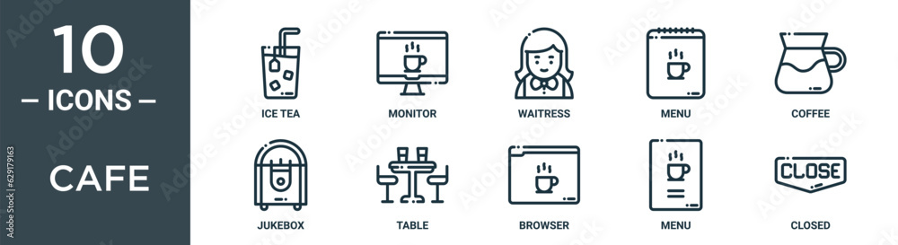 cafe outline icon set includes thin line ice tea, monitor, waitress, menu, coffee, jukebox, table icons for report, presentation, diagram, web design cafe outline icon set includes thin line ice tea, monitor, waitress, menu, coffee, jukebox, table icons for report, presentation, diagram, web design
