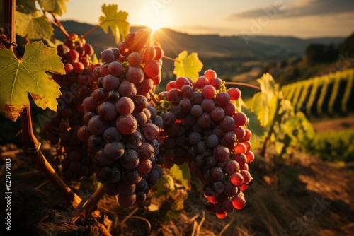 bunch of grapes in a vineyard at sunset at harvest time