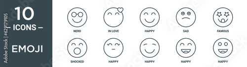 emoji outline icon set includes thin line nerd, in love, happy, sad, famous, shocked, happy icons for report, presentation, diagram, web design