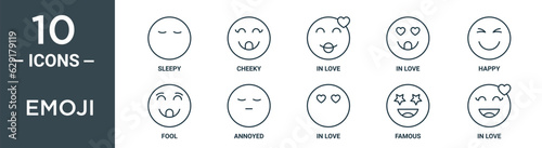emoji outline icon set includes thin line sleepy, cheeky, in love, in love, happy, fool, annoyed icons for report, presentation, diagram, web design