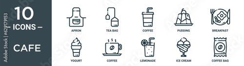 cafe outline icon set includes thin line apron, tea bag, coffee, pudding, breakfast, yogurt, coffee icons for report, presentation, diagram, web design
