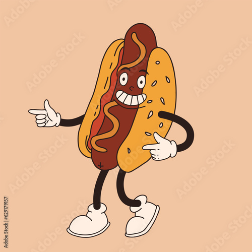 Vector cartoon retro mascot of hotdog. Vintage style 30s, 40s, 50s old animation. The clipart is isolated on a beige background.