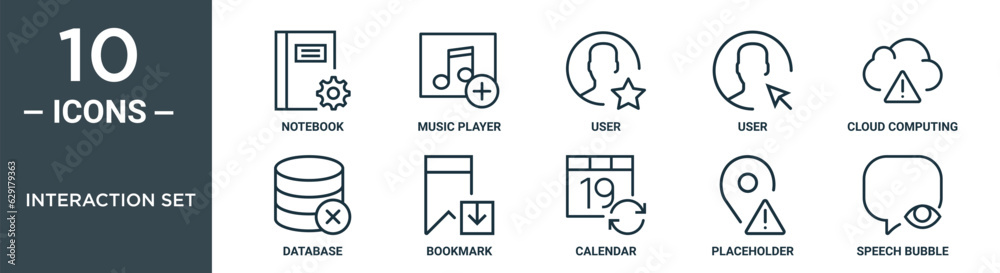 interaction set outline icon set includes thin line notebook, music player, user, user, cloud computing, database, bookmark icons for report, presentation, diagram, web design interaction set outline icon set includes thin line notebook, music player, user, user, cloud computing, database, bookmark icons for report, presentation, diagram, web design