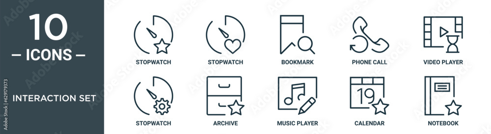 interaction set outline icon set includes thin line stopwatch, stopwatch, bookmark, phone call, video player, stopwatch, archive icons for report, presentation, diagram, web design interaction set outline icon set includes thin line stopwatch, stopwatch, bookmark, phone call, video player, stopwatch, archive icons for report, presentation, diagram, web design