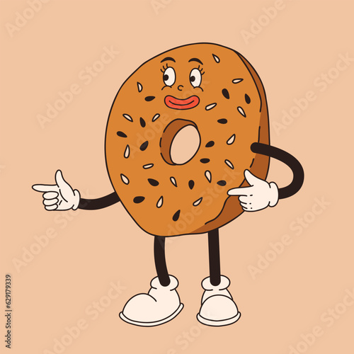 Vector cartoon retro mascot of bagel. Vintage style 30s, 40s, 50s old animation. The clipart is isolated on a beige background.