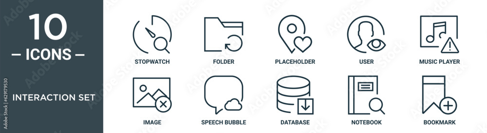 interaction set outline icon set includes thin line stopwatch, folder, placeholder, user, music player, image, speech bubble icons for report, presentation, diagram, web design