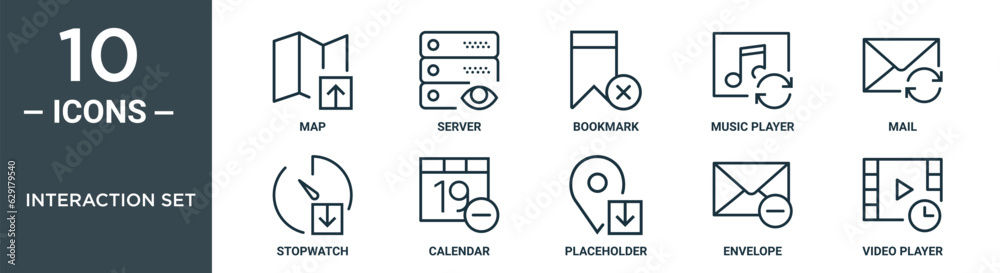 interaction set outline icon set includes thin line map, server, bookmark, music player, mail, stopwatch, calendar icons for report, presentation, diagram, web design interaction set outline icon set includes thin line map, server, bookmark, music player, mail, stopwatch, calendar icons for report, presentation, diagram, web design