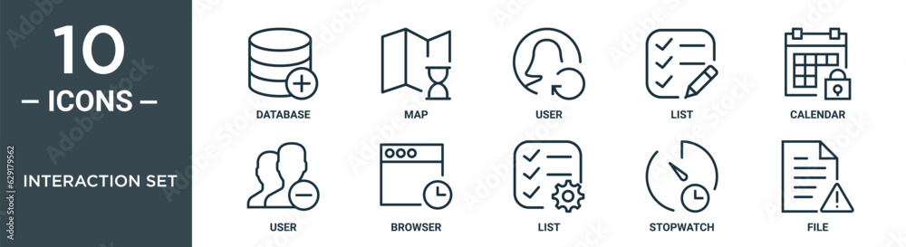 interaction set outline icon set includes thin line database, map, user, list, calendar, user, browser icons for report, presentation, diagram, web design interaction set outline icon set includes thin line database, map, user, list, calendar, user, browser icons for report, presentation, diagram, web design