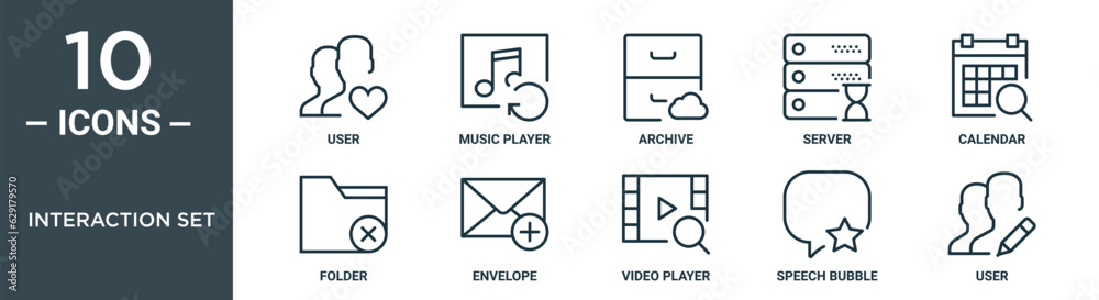 interaction set outline icon set includes thin line user, music player, archive, server, calendar, folder, envelope icons for report, presentation, diagram, web design interaction set outline icon set includes thin line user, music player, archive, server, calendar, folder, envelope icons for report, presentation, diagram, web design