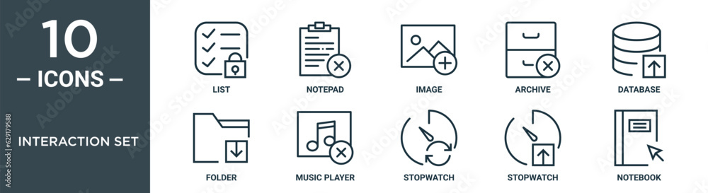 interaction set outline icon set includes thin line list, notepad, image, archive, database, folder, music player icons for report, presentation, diagram, web design interaction set outline icon set includes thin line list, notepad, image, archive, database, folder, music player icons for report, presentation, diagram, web design