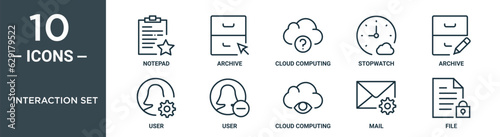 interaction set outline icon set includes thin line notepad, archive, cloud computing, stopwatch, archive, user, user icons for report, presentation, diagram, web design