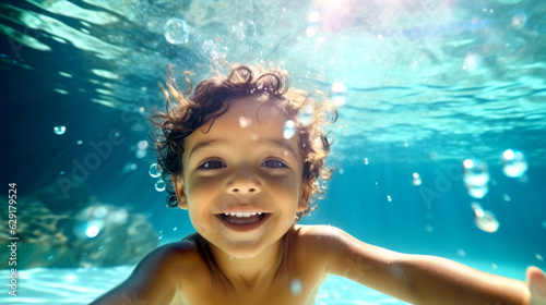 child in swimming pool under the water smiling