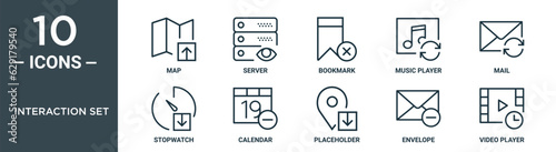 interaction set outline icon set includes thin line map, server, bookmark, music player, mail, stopwatch, calendar icons for report, presentation, diagram, web design