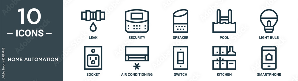 home automation outline icon set includes thin line leak, security, speaker, pool, light bulb, socket, air conditioning icons for report, presentation, diagram, web design home automation outline icon set includes thin line leak, security, speaker, pool, light bulb, socket, air conditioning icons for report, presentation, diagram, web design