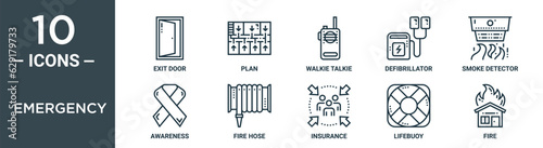 emergency outline icon set includes thin line exit door, plan, walkie talkie, defibrillator, smoke detector, awareness, fire hose icons for report, presentation, diagram, web design