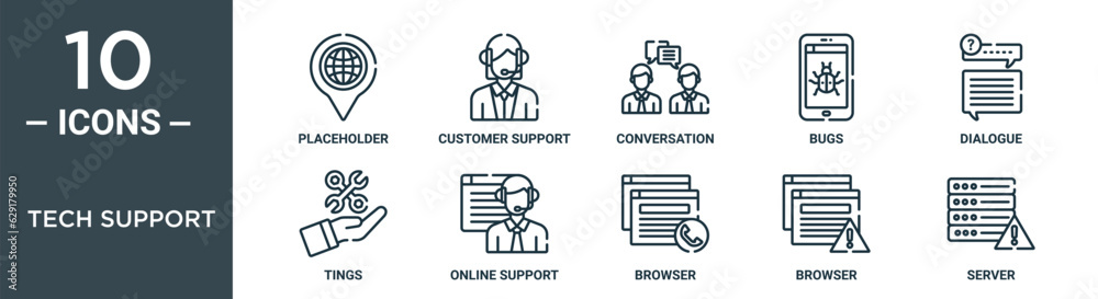 tech support outline icon set includes thin line placeholder, customer support, conversation, bugs, dialogue, tings, online support icons for report, presentation, diagram, web design tech support outline icon set includes thin line placeholder, customer support, conversation, bugs, dialogue, tings, online support icons for report, presentation, diagram, web design
