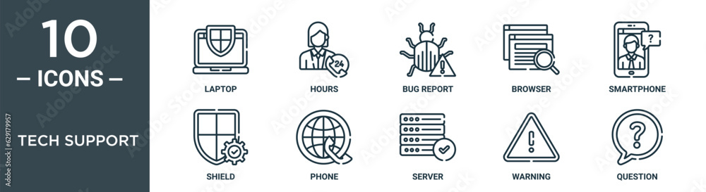 tech support outline icon set includes thin line laptop, hours, bug report, browser, smartphone, shield, phone icons for report, presentation, diagram, web design tech support outline icon set includes thin line laptop, hours, bug report, browser, smartphone, shield, phone icons for report, presentation, diagram, web design