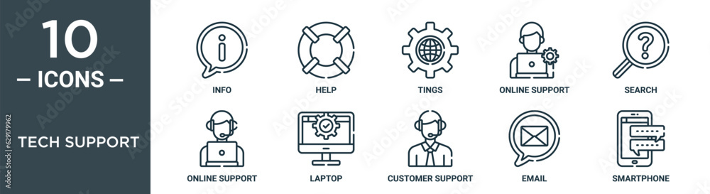 tech support outline icon set includes thin line info, help, tings, online support, search, online support, laptop icons for report, presentation, diagram, web design tech support outline icon set includes thin line info, help, tings, online support, search, online support, laptop icons for report, presentation, diagram, web design