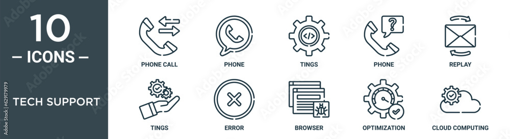 tech support outline icon set includes thin line phone call, phone, tings, phone, replay, tings, error icons for report, presentation, diagram, web design