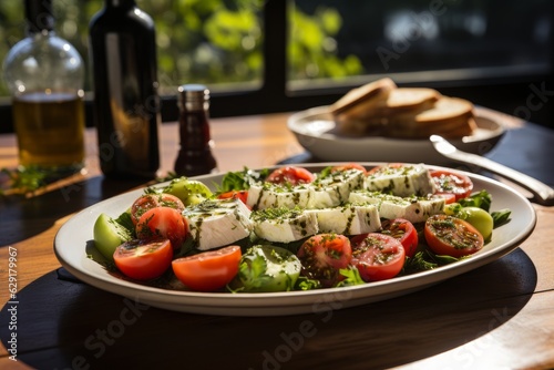 salad on an Italian Tuscan wooden table. Healthy food concept
