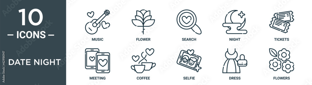 date night outline icon set includes thin line music, flower, search, night, tickets, meeting, coffee icons for report, presentation, diagram, web design